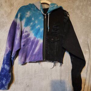 Carman Womens Small Color Blocked Distressed Tie-Dye/Black Cropped Hoodie Jacket